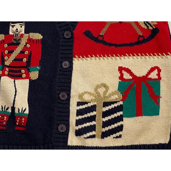 Lauren Gayle Navy, Red, Christmas Patchwork Sweater Vest, Nutcracker, Holly, M - Picture 6 of 15